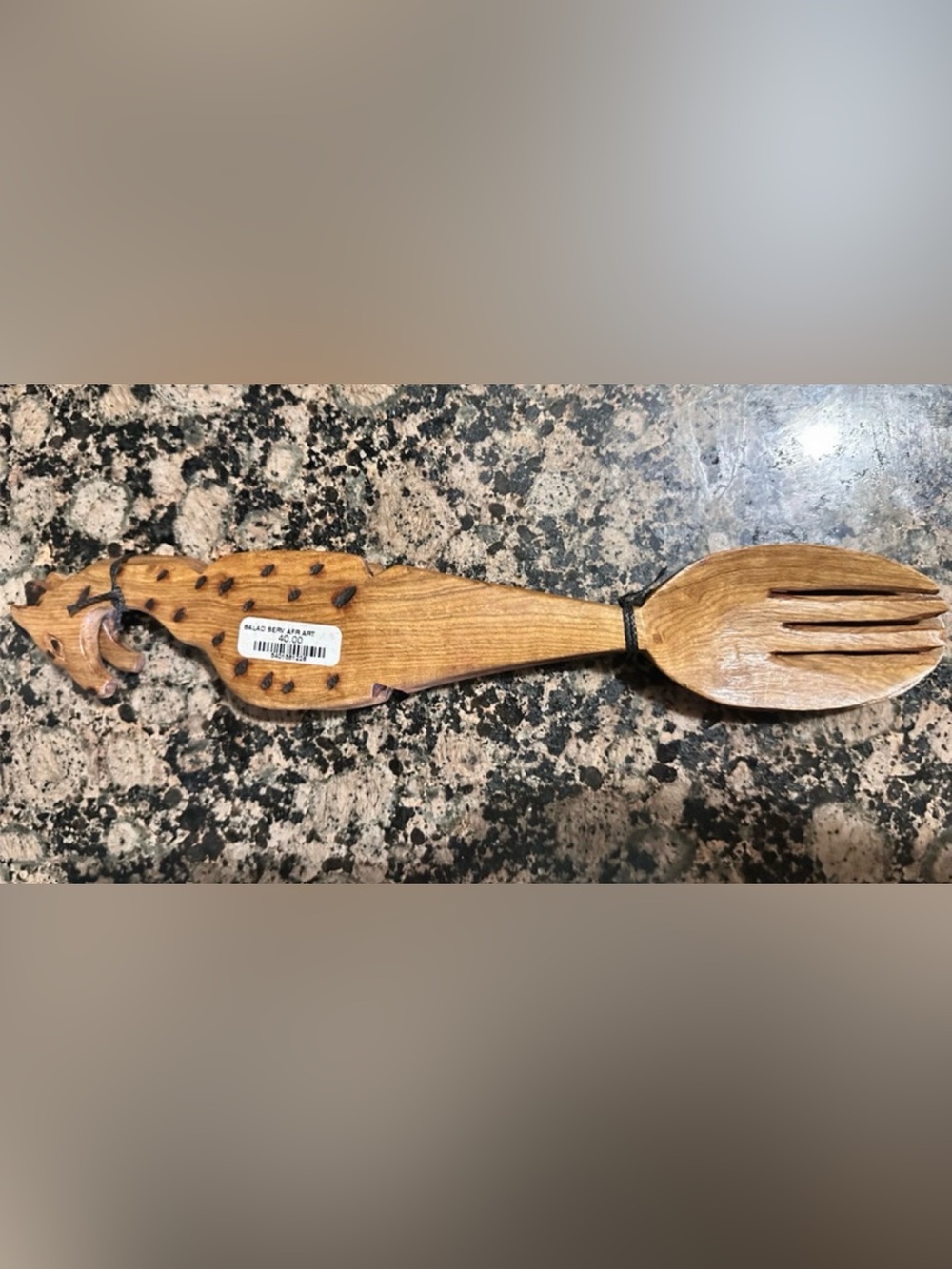 vintage, Giraffe hand-carved African wooden salad serving spoon and fork set.